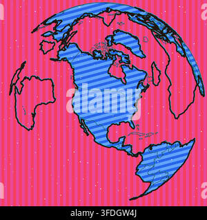 abstract hot pink blue usa pop art world map showing vintage halftone print with Ben-Day dots and bold outlines for print decor poster poster print Stock Vector