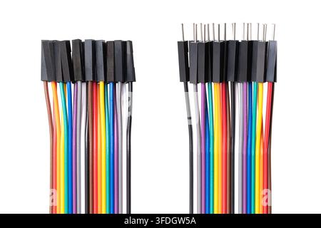Multicolor jumper wires, rainbow ribbon cables for breadboards, isolated close up from above. 20-way jumper cables with standard configuration types. Stock Photo