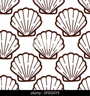 Seashell seamless vector pattern with repeating scallop shells, delicate linework, natural contours, marine mollusk forms, nautical motif, monochrome Stock Vector
