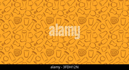 Seamless beer glass and beverage pattern in orange line art style. Repeating pub and celebration background texture. Vector illustration for textile Stock Vector