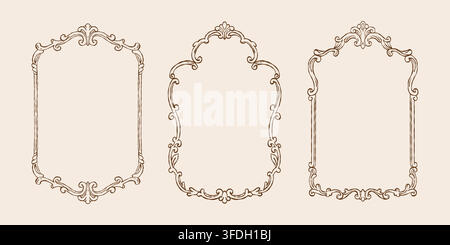 A vintage set of frames in the Baroque and Rococo styles. Classic frames with hand-drawn swirls of leaves and flowers. Whimsical Victorian-style frames for wedding invitations and cards. Vector outline illustration  Stock Vector
