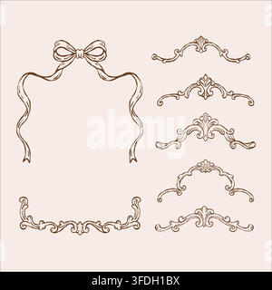 A vintage set of frames in the Baroque and Rococo styles. Classic frames with hand-drawn bows and flowers. Whimsical Victorian-style frames for wedding invitations and cards. Vector outline illustration  Stock Vector