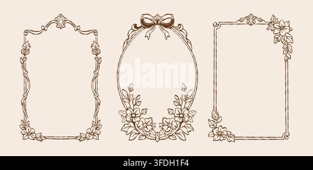 A vintage set of frames in the Baroque and Rococo styles. Classic frames with hand-drawn flowers and bows. Whimsical Victorian-style frames for wedding invitations and cards. Vector outline Stock Vector