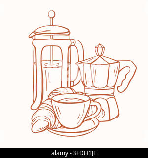 Coffee set with french press, moka pot, ceramic cup and croissant. Line art style sketch. Breakfast beverage concept. Vector illustration for cafe Stock Vector