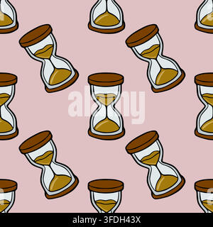 Seamless vector pattern with cute cartoon hourglasses on a soft pink background Stock Vector