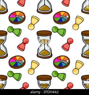 Seamless pattern vector illustration with board game elements including hourglasses, colorful spinners, and playing pawns. Stock Vector