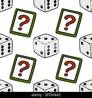 Seamless vector pattern with gaming dice and question mark cards for casino or board game design Stock Vector