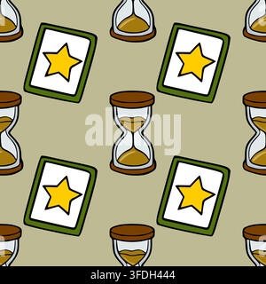 Seamless pattern with vector hourglass and star game card icons on a muted background Stock Vector