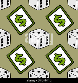 Seamless vector pattern with gambling dice and dollar sign playing cards on olive background Stock Vector