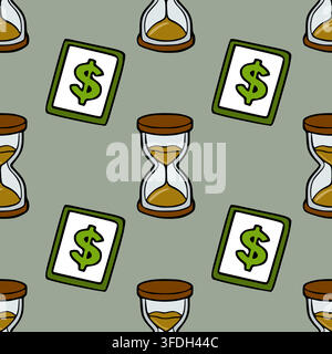 Seamless vector pattern with illustrated hourglasses and dollar signs on a grey background Stock Vector