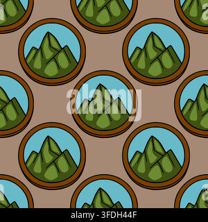 Seamless vector pattern featuring cartoon mountain range badges in circular frames on a brown background Stock Vector