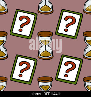 Seamless vector pattern with question mark cards and hourglasses on a dusty mauve background Stock Vector