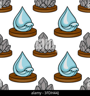 Seamless vector pattern with cartoon water drop and crystal rock icons on brown pedestals Stock Vector