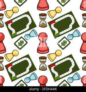 Seamless vector pattern with board game elements, dice, money and hourglasses Stock Vector
