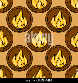 Seamless vector pattern with stylized campfire flame icons in brown circles on a beige background Stock Vector