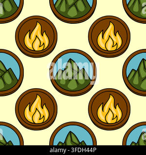 Seamless vector pattern with round badges featuring mountain peaks and fire flames on a light yellow background Stock Vector