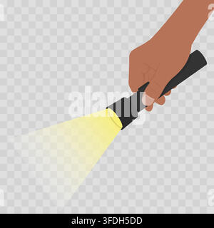 Dark-Skinned Hand Holding Flashlight with Beam on Checkered Background Stock Vector