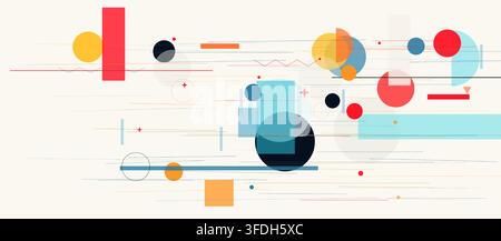 Abstract Geometric Colorful Background, Modern Bauhaus Shapes Pattern. Circles, Rectangles, Playful Design Poster, Wallpaper, Book Cover, Banner Stock Vector