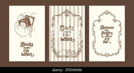 A collection of vintage hand-drawn posters themed around books and reading. Postcard templates with lettering and phrases. Retro line illustrations in brown. Stock Vector