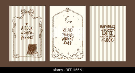 A collection of vintage hand-drawn posters themed around books, reading, and coffee. Postcard templates with lettering and phrases. Retro line illustrations in brown. Stock Vector