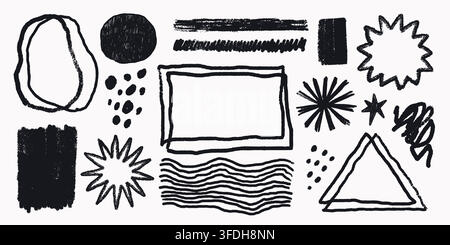 Crayon shape set with grunge texture. Star, asterisk and frame elements suit stickers, prints and posters Stock Vector