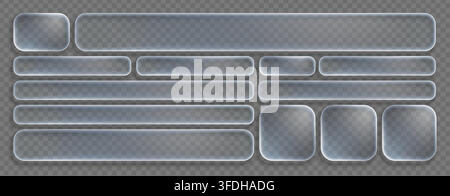 Button liquid glass with morphism frame 3d and transparent ui rectangle. Effect text shape with digital icon glassmorphism and bubble background box. Stock Vector