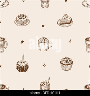 Coffee drinks, sweets, and pastries seamless vector pattern. A repeating retro print themed around coffee and food. Endless vintage background in beige and brown tones Stock Vector