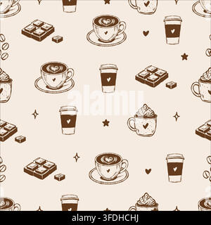 Coffee drinks, sweets and chocolate seamless vector pattern. A repeating retro print themed around coffee and food. Endless vintage background in beige and brown tones Stock Vector
