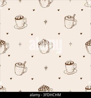 Seamless retro pattern of coffee drinks in sketch style. Vintage vector outline illustration in brown and beige tones Stock Vector