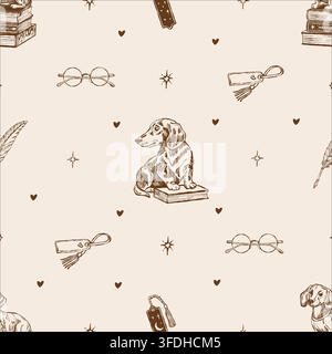 Seamless vintage pattern with a dachshund, books, and glasses, themed around reading and learning. Pets and books. Vector background for bookstores and libraries in beige and brown tones. Outline illustration Stock Vector
