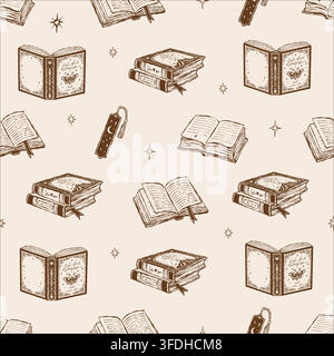 Seamless vector retro pattern themed around books and reading on a beige background. School supplies, stacks of books, bookmarks, and stars. Outline illustrations. Design for bookstores and libraries. Stock Vector