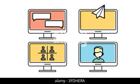 Digital communication and remote work computer monitors vector icons set. Black line art with offset fill style on white background. Stock Vector