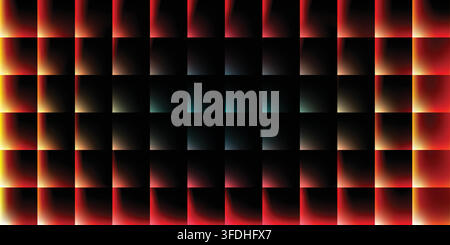 Abstract background featuring a repeating grid of glowing red and orange squares with a dark center, creating a modern digital light effect. Stock Vector