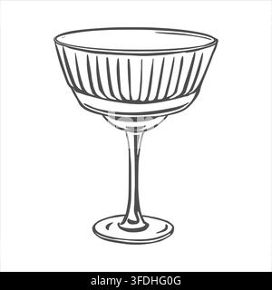Minimalist vector illustration of classic cocktail glass with a fluted bowl and elegant stem, rendered in clean black lines. Perfect for menus, bar promotions, event invitations. Sketch of wine glass. Stock Vector