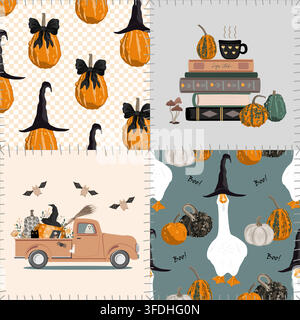 Seamless Halloween patchwork pattern with cute gourds, magic books, goose in a witch hat, and stylized sews. Cute and cozy Halloween background Stock Vector