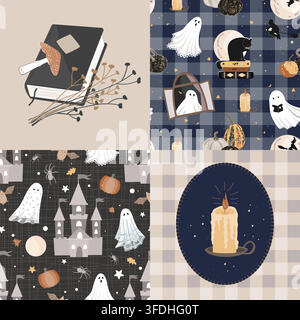 Seamless Halloween patchwork pattern with cute ghosts, candles, magic book, and gourds. Cute and cozy Halloween background. Vector illustration Stock Vector