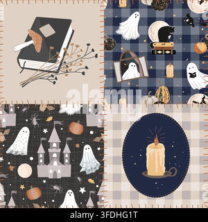 Seamless Halloween patchwork pattern with cute ghosts, candles, magic book, and stylized sews. Cute and cozy Halloween background. Vector illustration Stock Vector