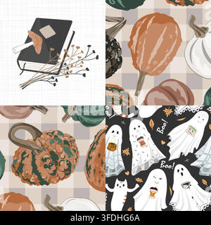 Seamless Halloween patchwork pattern with cute ghosts, magic book, and gourds. Cute and cozy Halloween background. Vector illustration. Stock Vector