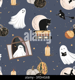 Halloween vector seamless pattern. Cute ghosts, autumn pumpkins, flying witches, black cat, and candles on dark blue background. Whimsical spooky Stock Vector