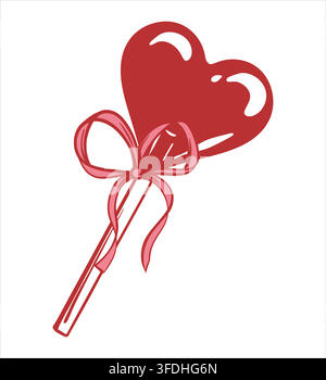 This minimalist vector illustration depicts a heart shaped lollipop. Sweet candy is decorated with a bow. A perfect Valentine's Day gift. Simple and concise clip art. A Coquette style. Stock Vector