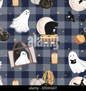 Halloween vector seamless pattern on gingham. Cute ghosts, autumn pumpkins, flying witches, black cat, and candles. Whimsical spooky night vector Stock Vector