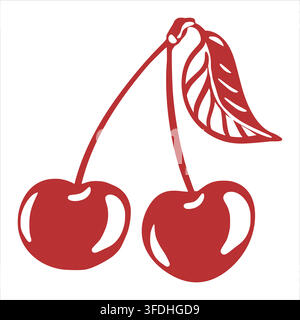 Romantic red cherries for Valentine's Day, symbolizing love and passion. A silhouette of two cherries joined together and a leaf. Stock Vector