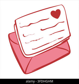 A love letter and a heart shaped postage stamp. An open envelope with a love message. A greeting and declaration of love for Valentine's Day. A flirty ink line illustration Coquette. Vector clip art. Stock Vector