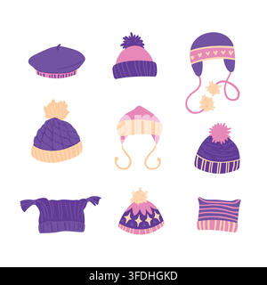 Seasonal winter cozy warm hand knitted hats set isolated on white. Trendy woolen headwear collection including cap with pompom, beanie, beret, bonnet, earflap Stock Vector