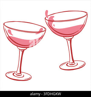 Vector illustration of two cocktail glasses with pink champagne and stylized splashes. A toast to love. Concept for Valentine's Day, wedding or birthday celebrations. Line sketch in a Coquette style. Stock Vector