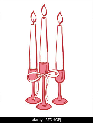 A set of three candles decorated with bow. Burning candle in a candlestick creates a festive, romantic or cozy atmosphere in the home. Hand drawn vector illustration. Retro clip art in a flirty style Stock Vector
