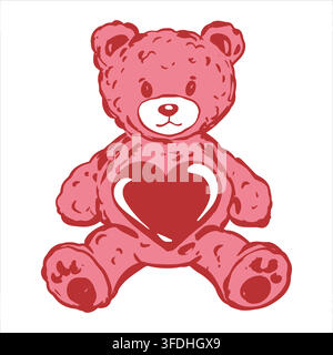 Vector teddy bear with a heart. Soft plush toy in a simple line style. Concept for a birthday or Valentine's Day gift. Linear illustration in a Coquette style. Retro ink sketch. Stock Vector