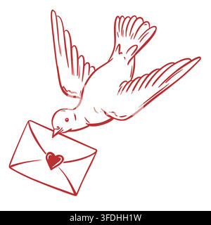 Vector dove and a love message in an engraving style. A white pigeon brings a message from a admirer. Clipart for Valentine's Day and wedding. Concept of love and fan. Linear ink sketch. Stock Vector