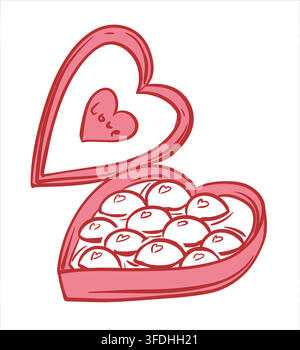 A heart shaped box filled with candy. Hand drawn vector sketch with minimalist lines. Perfect for Valentine's Day, anniversaries, or romantic gifts. The concept is love themed. Coquette style. Stock Vector