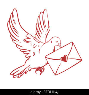 Vector dove and a love message in an engraving style. A white pigeon brings a message from a admirer. Clipart for Valentine's Day and wedding. Concept of love and fan. Linear ink sketch. Stock Vector